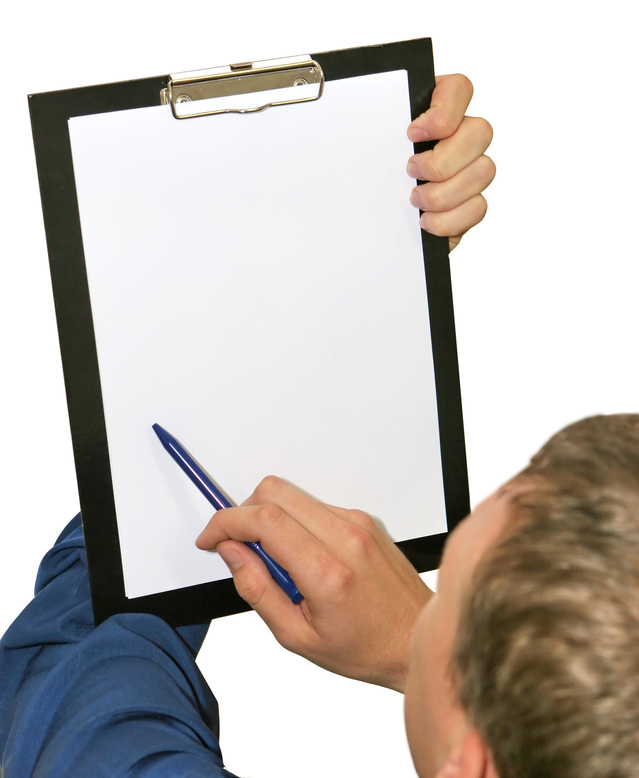 A Man Holding a Blue Pen and Board with White Paper