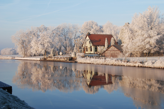 A Tiny House in Middle of Snowclad Trees and A Waterbody